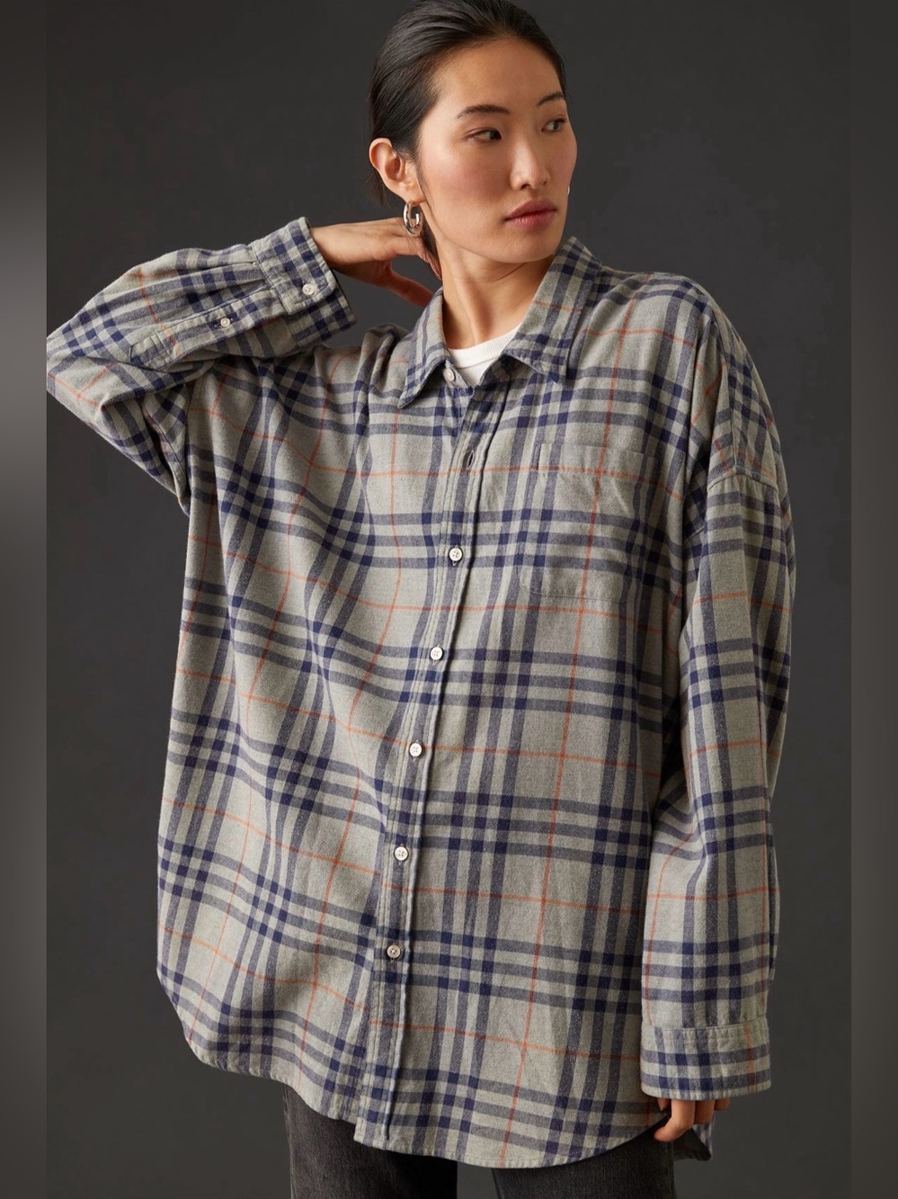 Denimist oversized Gray Plaid Flannel Button-Down Shirt XS